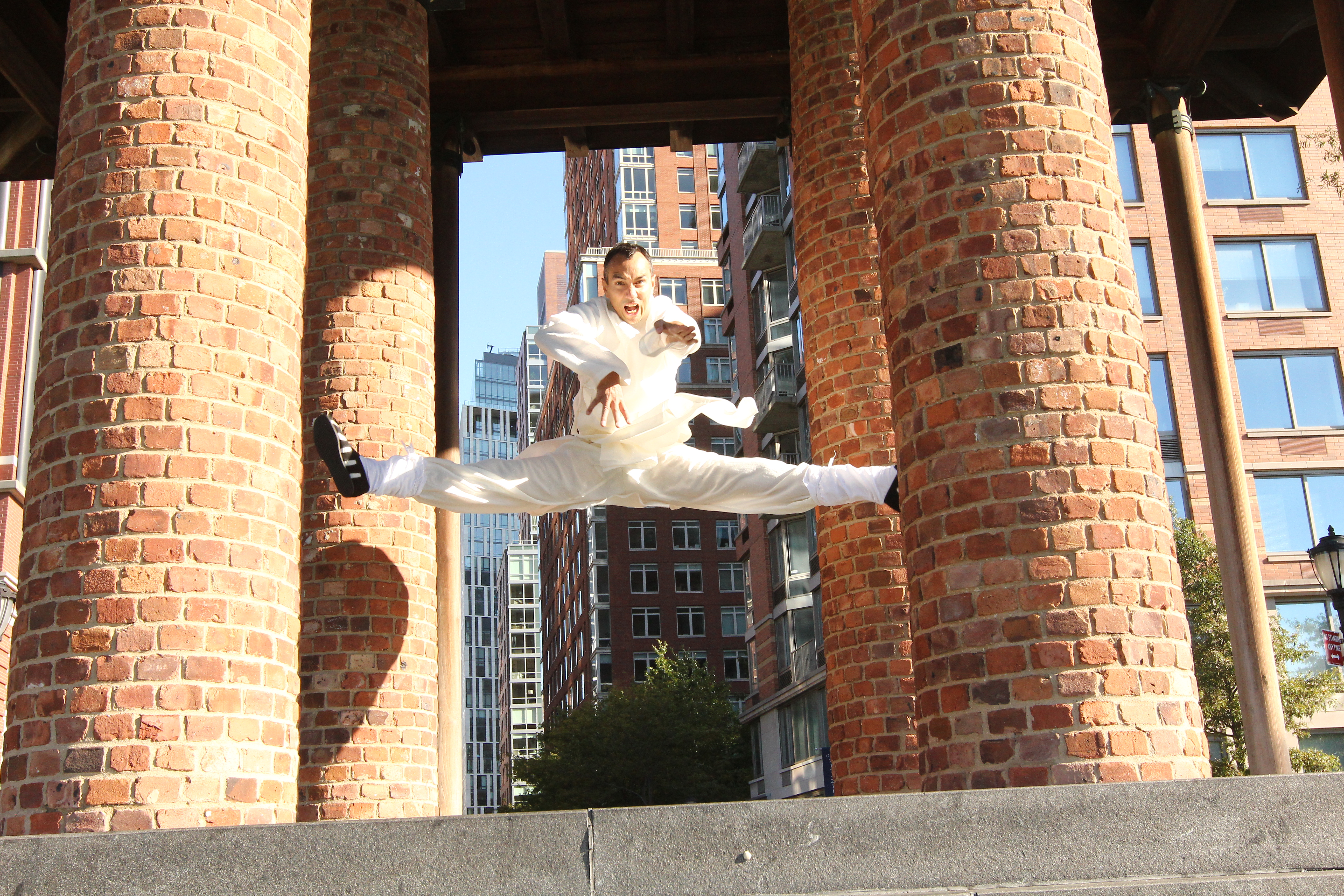 Sifu Lyn is flying performing a jump split kick.