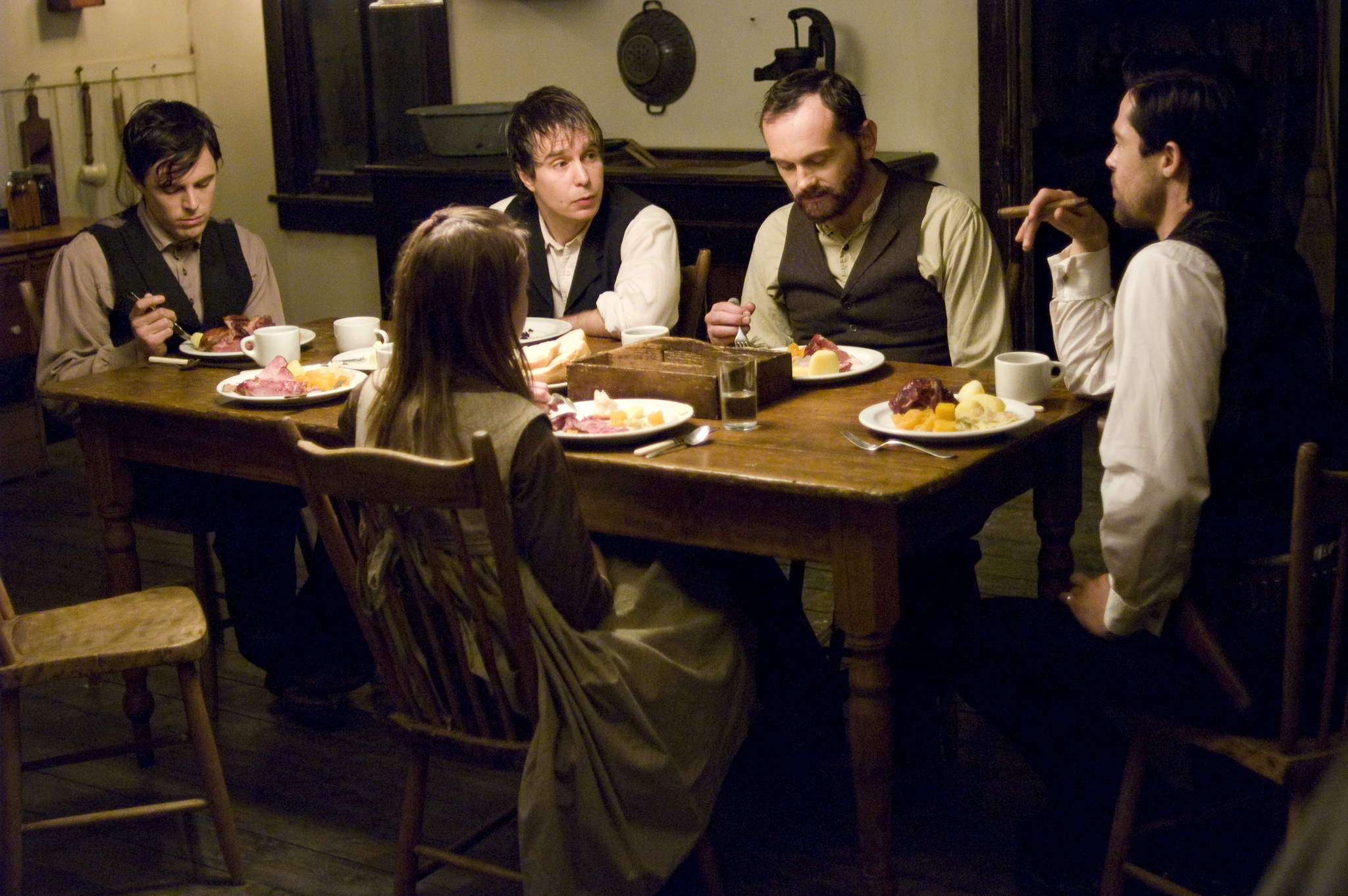 Still of Brad Pitt, Casey Affleck, Sam Rockwell and Pat Healy in The Assassination of Jesse James by the Coward Robert Ford (2007)