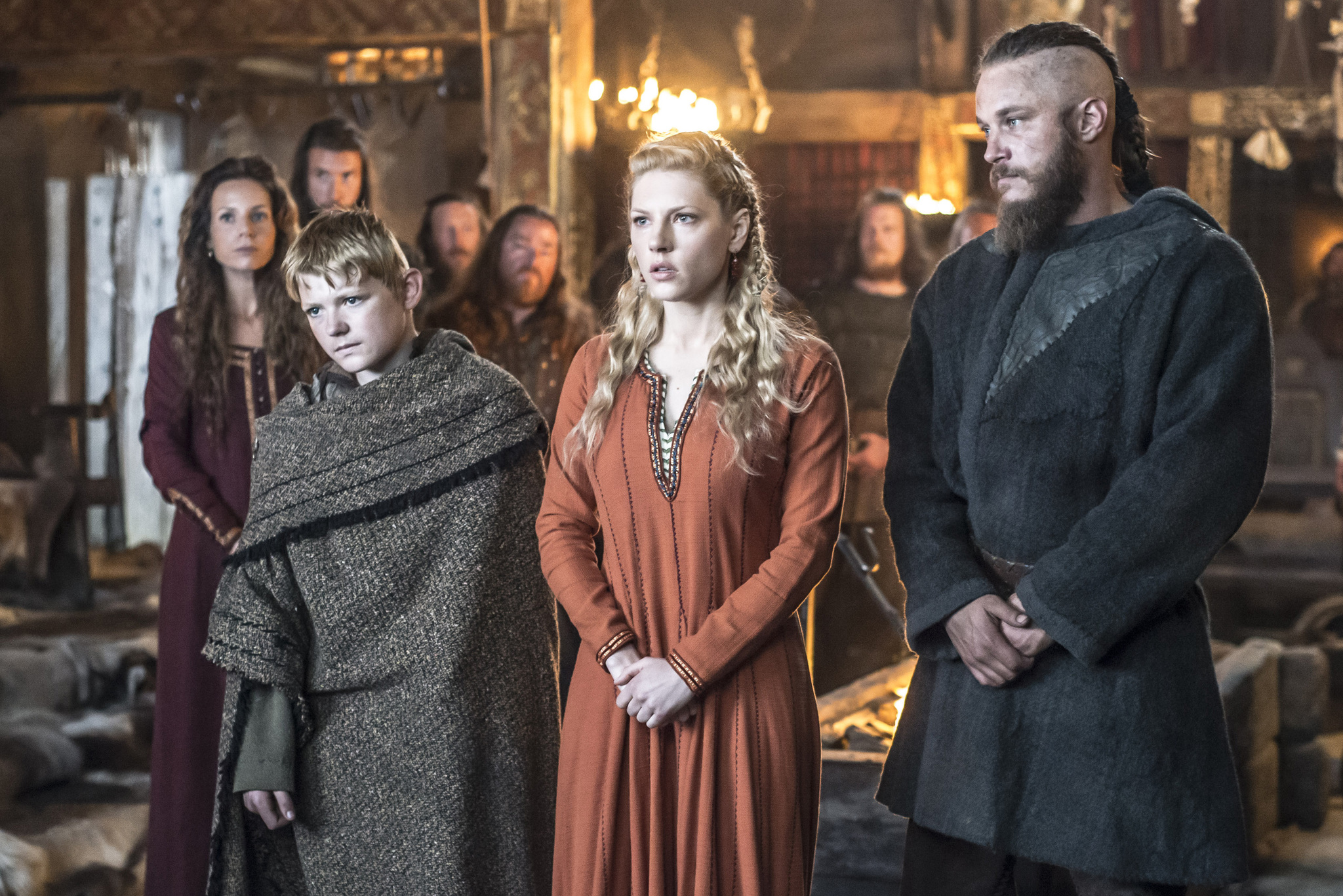 Still of Katheryn Winnick, Travis Fimmel and Nathan O'Toole in Vikings (2013)
