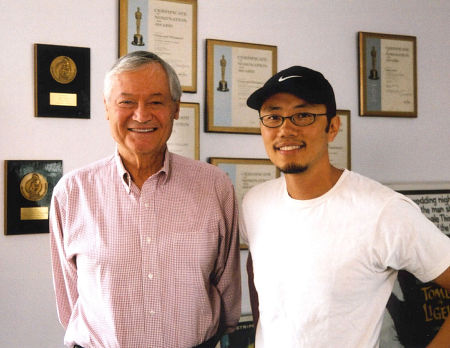 On location for a documentary on Amy Holden Jones. Left: Roger Corman. Right: Insung Hwang.