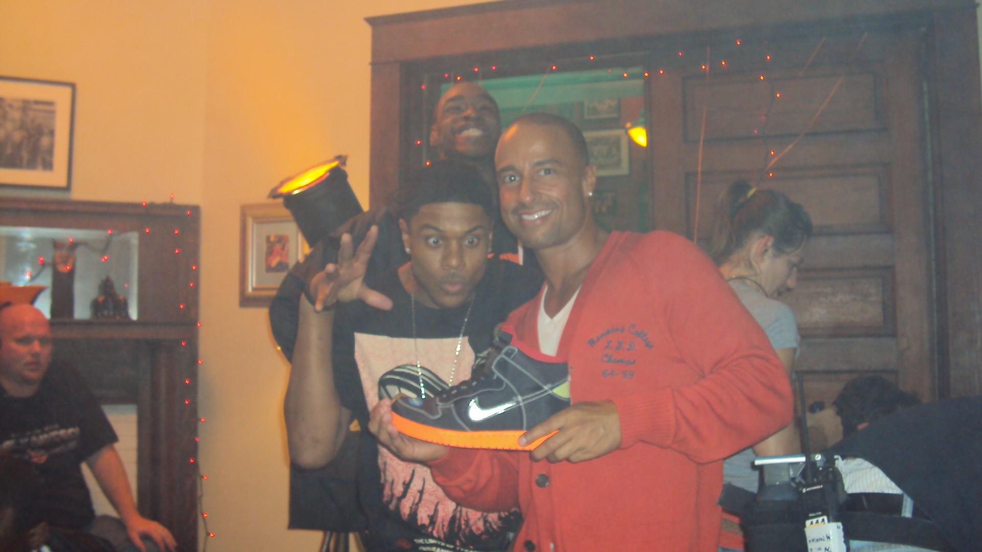 Chuck Maldonado showing off his new sponsor Nike to Actor Pooch Hall on the set of STY Homecoming