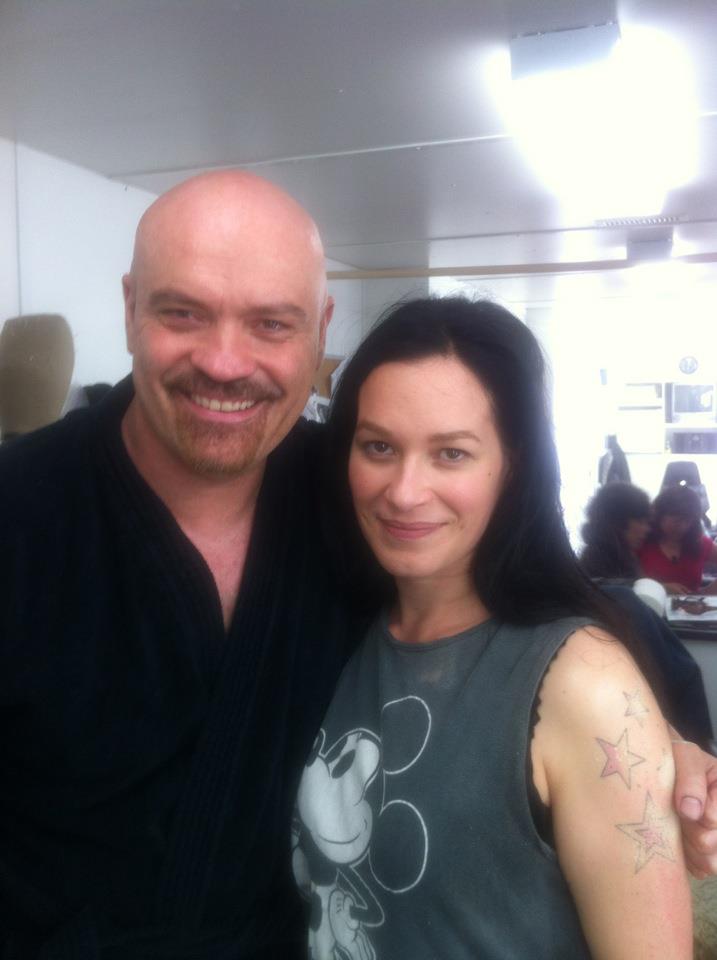 James Collins with Franka Potente in the make-up trailer on the set of 
