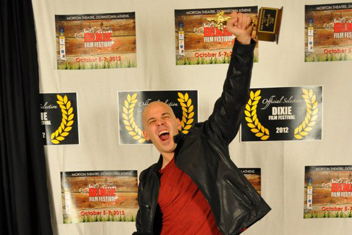 Brian Crewe at the 2012 Dixie Film Festival winning the Best Comedy award for his short film FAR.