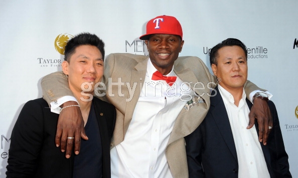 Producers Sheldon F Robins, Tommy Kim and guest David Lee arrive for the Premiere Of Upper Laventille's' Murder 101' held at Raleigh Studios' Chaplin Theater on June 12, LOS ANGELES