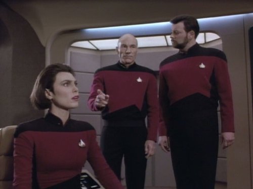 Still of Michelle Forbes, Jonathan Frakes and Patrick Stewart in Star Trek: The Next Generation (1987)