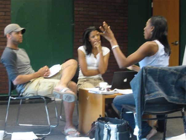 Brandon DeShazer and Renee Goldsberry in rehearsal for the film Jump The Broom.
