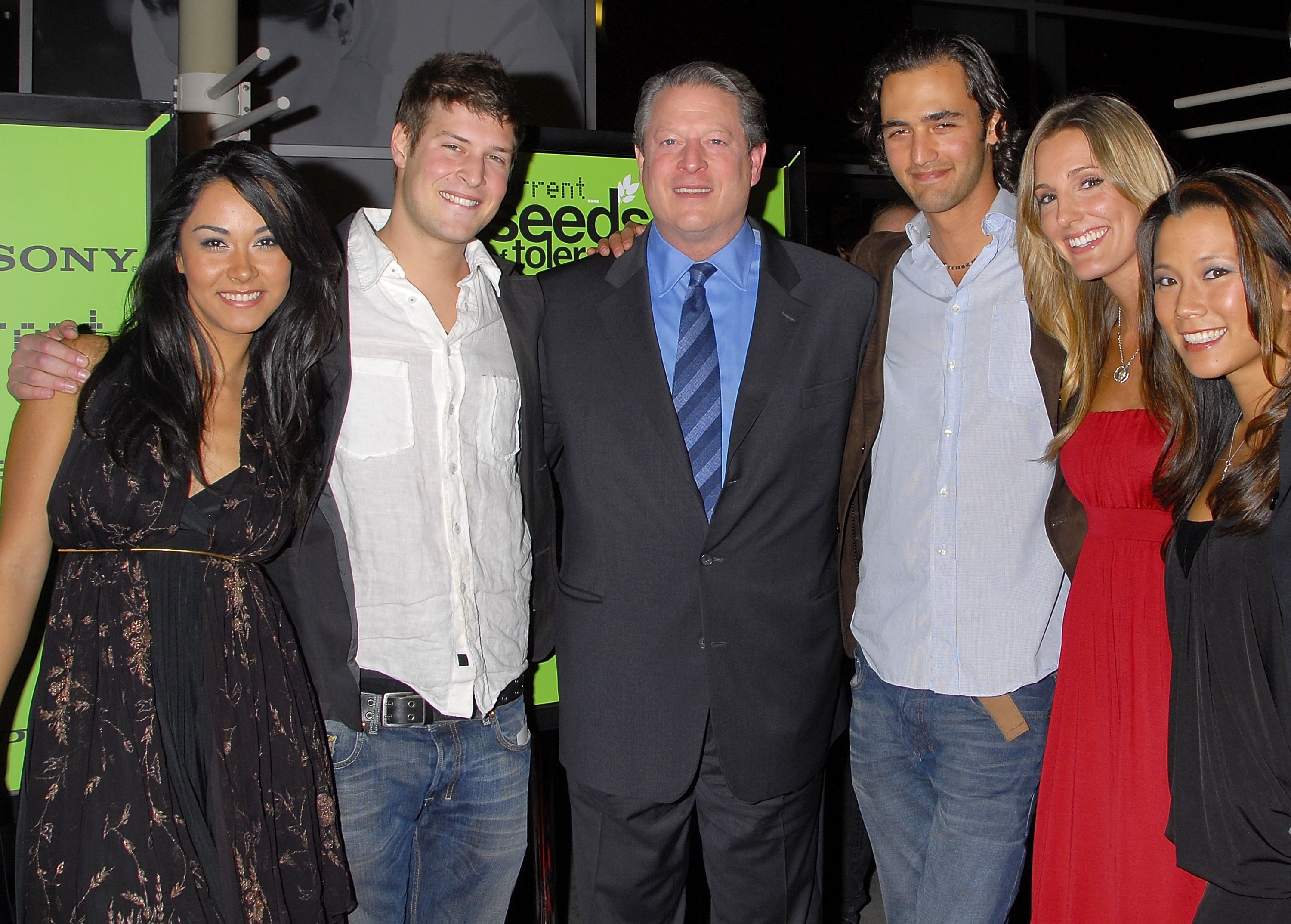 LOS ANGELES, CA - DECEMBER 14: Current TV Chairman and former Vice-President Al Gore joins Current TV hosts Jael de Pardo (L), Max Lugavere, Jason Silva, Crystal Fambrini, and Angela Sun, at the 'Seeds of Tolerance' award ceremony at the ArcLigh
