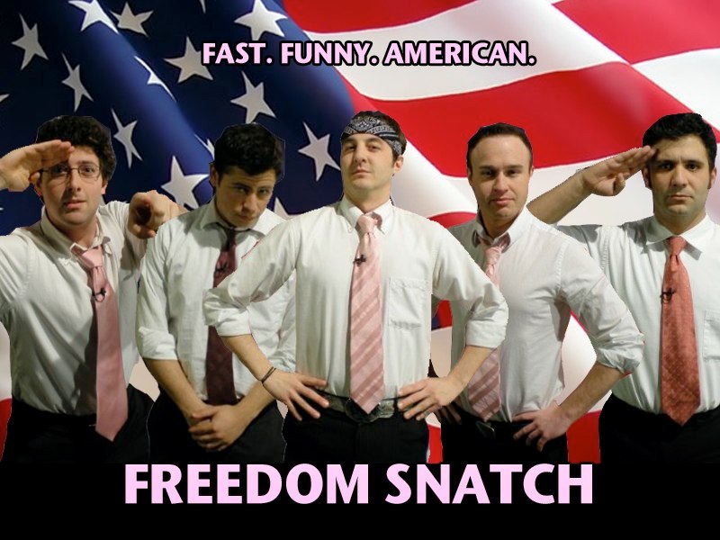FREEDOM SNATCH (Andy Goldenberg, Jimmy Guidish, Cameron Fife, Tommy O' Rourke, and Mark Gagliardi) holds the NATIONAL record for winning in the Improvisational Cagematch Competition, after winning 46 straight matches over the course of a full year.