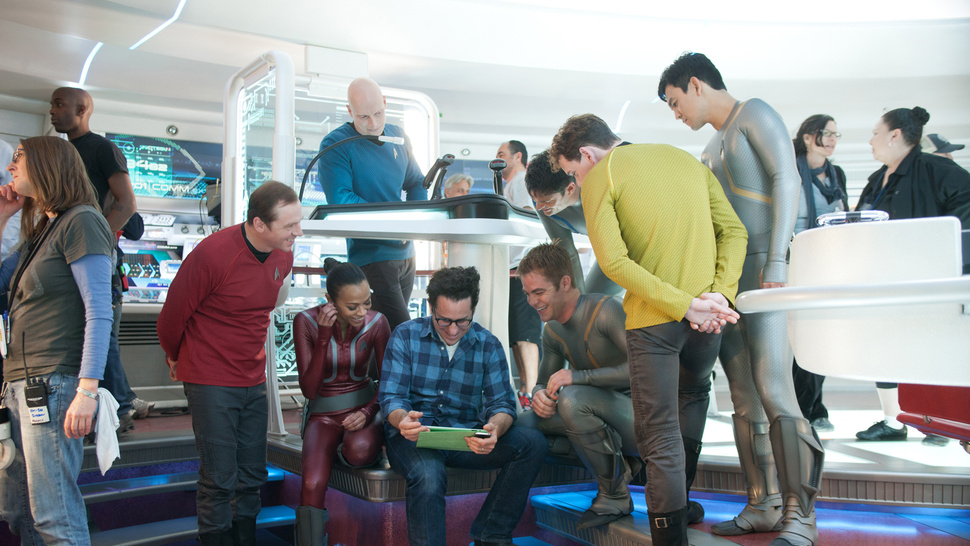 Joseph Gatt with Simon Pegg, Zoe Saldana, J.J. Abrams, Chris Pine, Karl Urban, Anton Yelchin & John Cho, between shots in STAR TREK INTO DARKNESS
