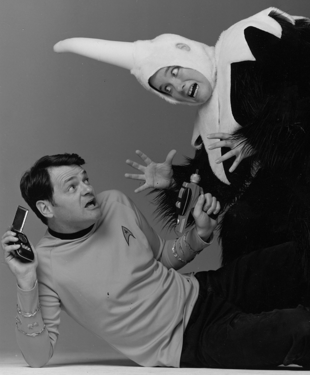 Gary as Captain Kirk in Star Trek Live On Stage. Mugato played by Moira Dunphy.