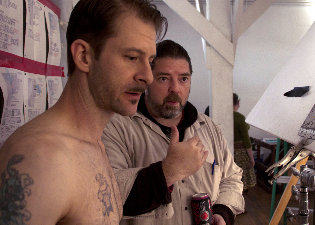 Stephen Butcko (Buck Tibbet)with director Clark Kohanek, on the set of Good Behavior.