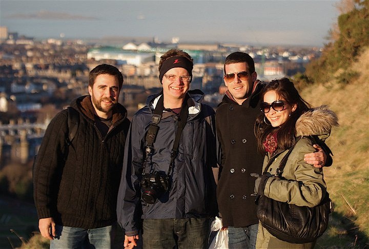 (From R to L) Kristin Kreuk Adam Sinclair Rob Heydon Juan Montalvo On Arthur's Seat, Edinburgh, Scotland