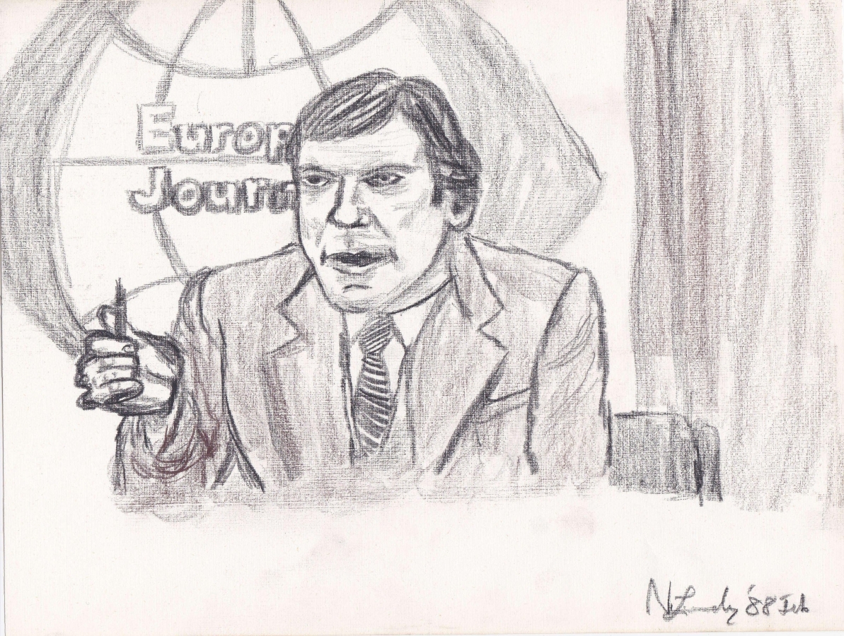 Sketch by Thomas Lundy (AKA Neil Jr.) of Neil Lundy as anchorman of weekly PBS TV program European Journal at Deutsche Welle in Cologne, 1988