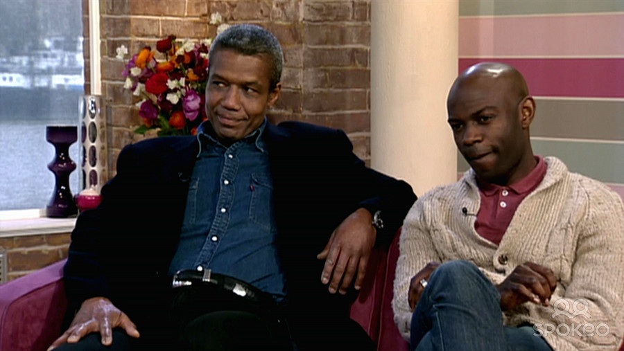 Hugh Quarshie and David Gyasi. Doing interview for This Morning on playing the same character on White Heat.