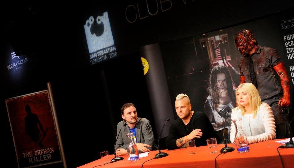 Festival Director Jose Miguel Beltran, (Creator) Matt Farnsworth, (Producer/Star) Diane Foster, and TOK press conference photo San Sebastian Horror Film Festival.