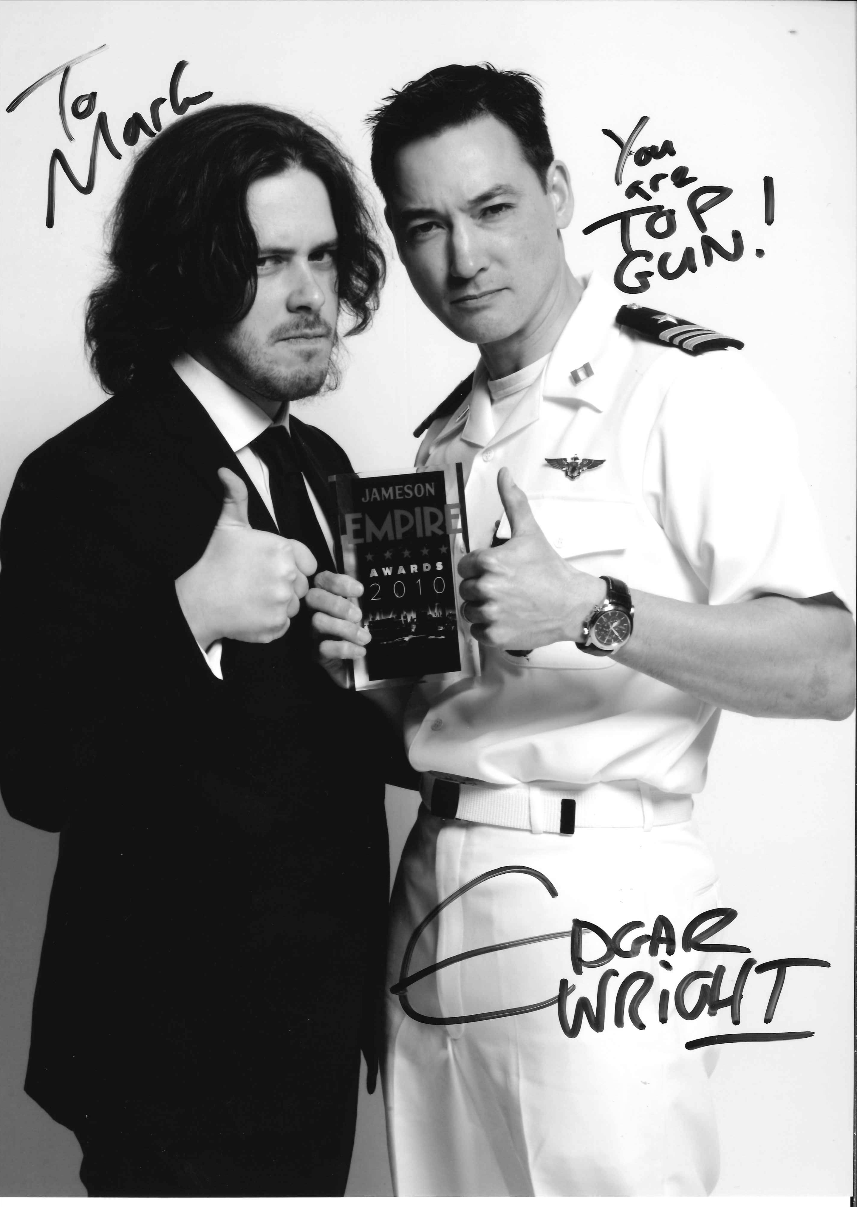 Mark Hampton at the Empire Awards 2010 with Edgar Wright and the DISS award for 'Top Gun in 60 Seconds'