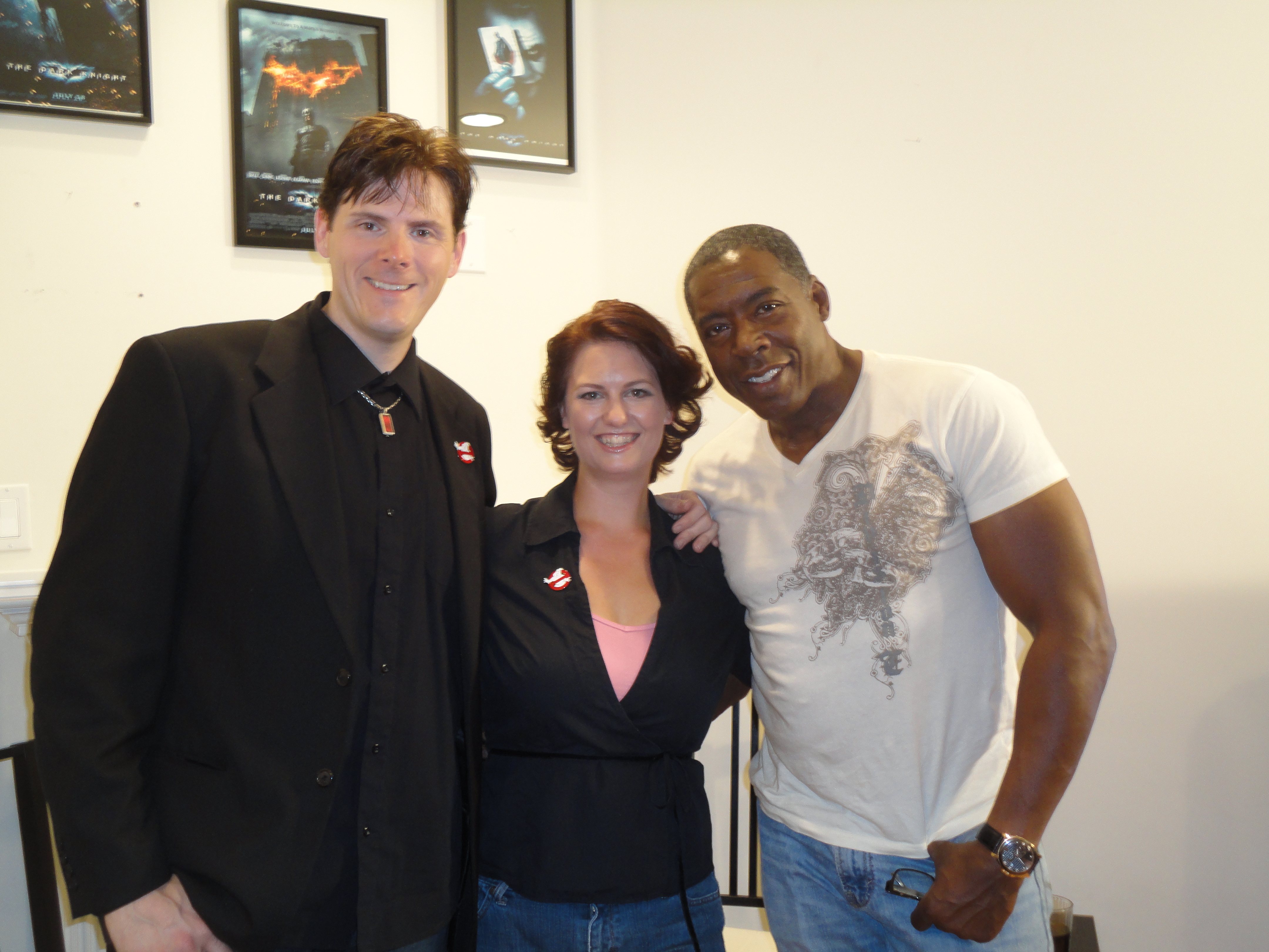 Hosts Derek Maki and Sheila Myjo pose with actor Ernie Hudson on set of the web series Coolwaters LIVE!