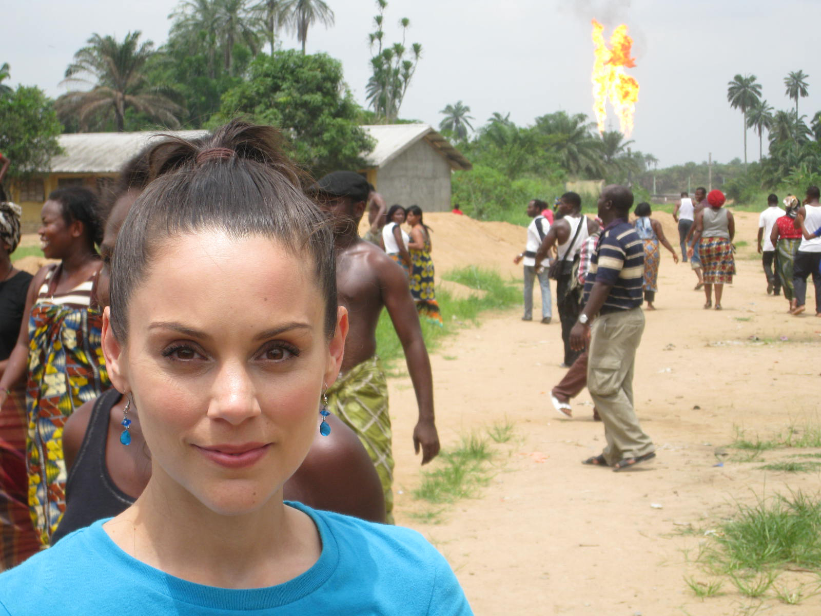 Feature film shoot on location in a village in the Niger Delta with real gas flares in the background. April 13, 2011