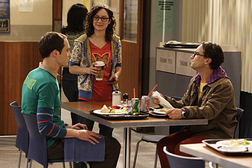 Still of Sara Gilbert, Johnny Galecki and Jim Parsons in Didziojo sprogimo teorija (2007)