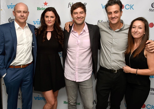 Actors Rob Corddry, Jennifer Lafleur, Mark Duplass, director Ross Partridge, and producer Jen Roskind at the WEDLOCK premiere party.
