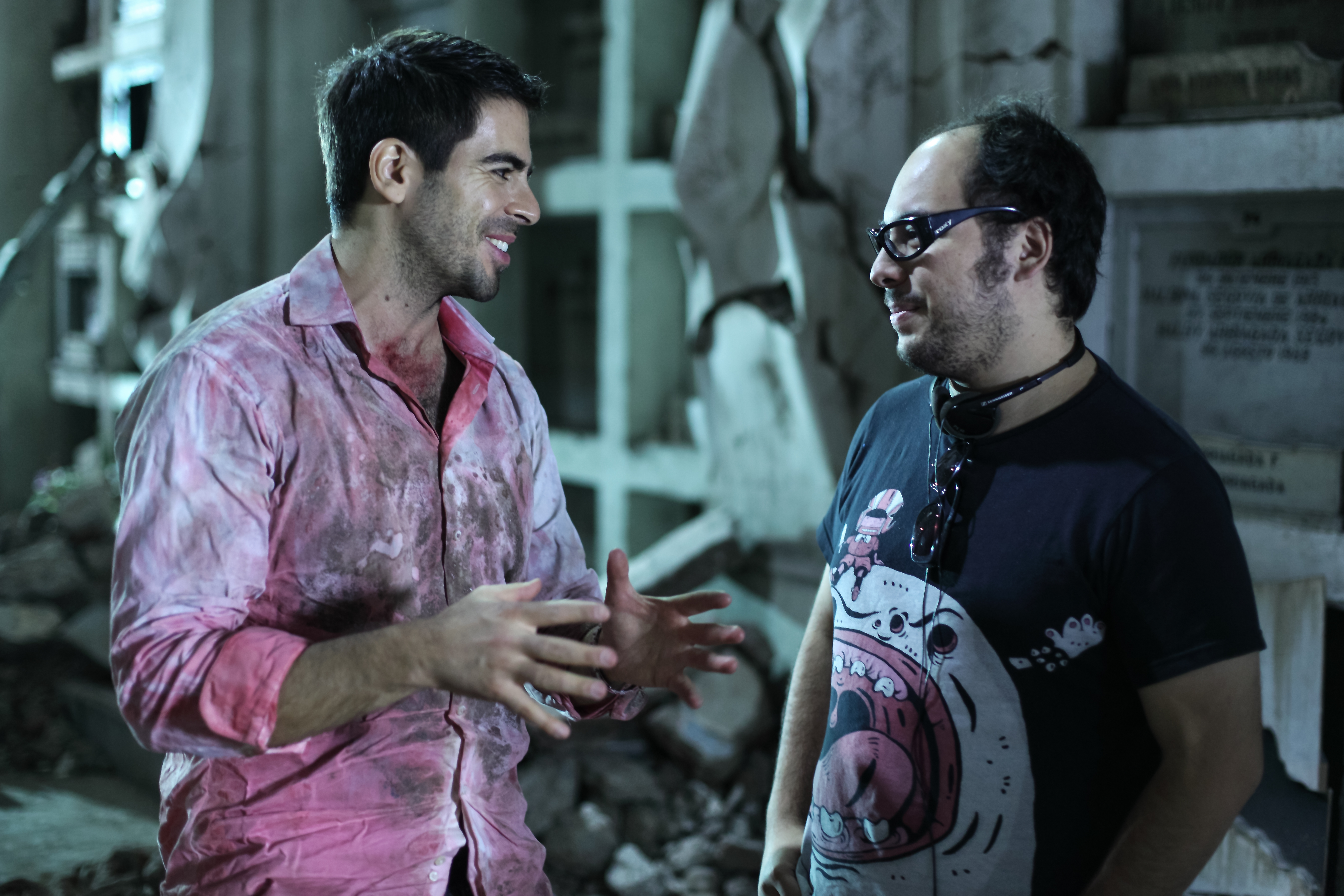 Nicolas Lopez and Eli Roth sharing a moment on the set of Aftershock.