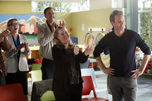 Still of Matthew Perry, Julie White, Seth Morris and Sarah Baker in Go On (2012)