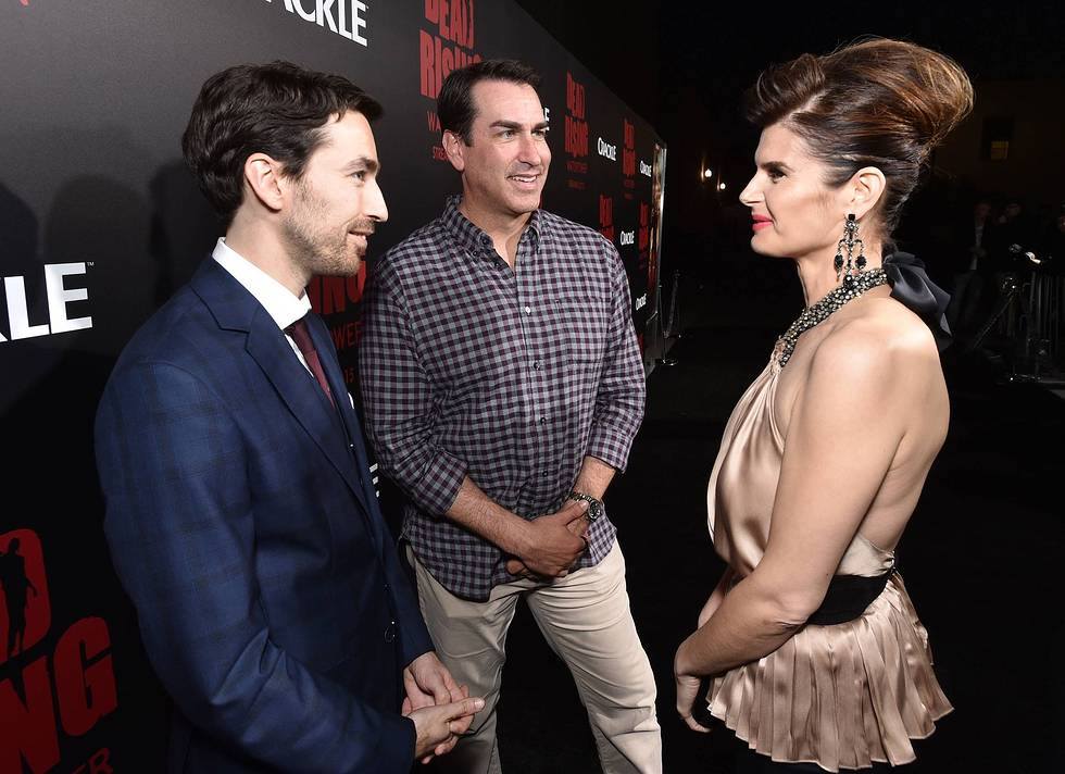 Zach Lipovsky, from left, Rob Riggle and Carrie Genzel attend the world premiere of Crackle's 