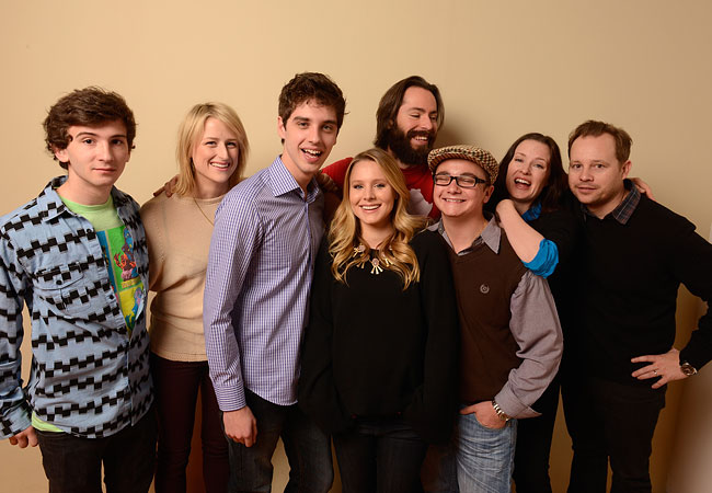 (L-R) Actors Alex Shaffer, Mamie Gummer, David Lambert, Kristen Bell, Martin Starr, Paulie Litt, writer/director Liz W. Garcia and actor Joshua Harto pose for a portrait during the 2013 Sundance Film Festival at the Getty Images Portrait Studio at Village