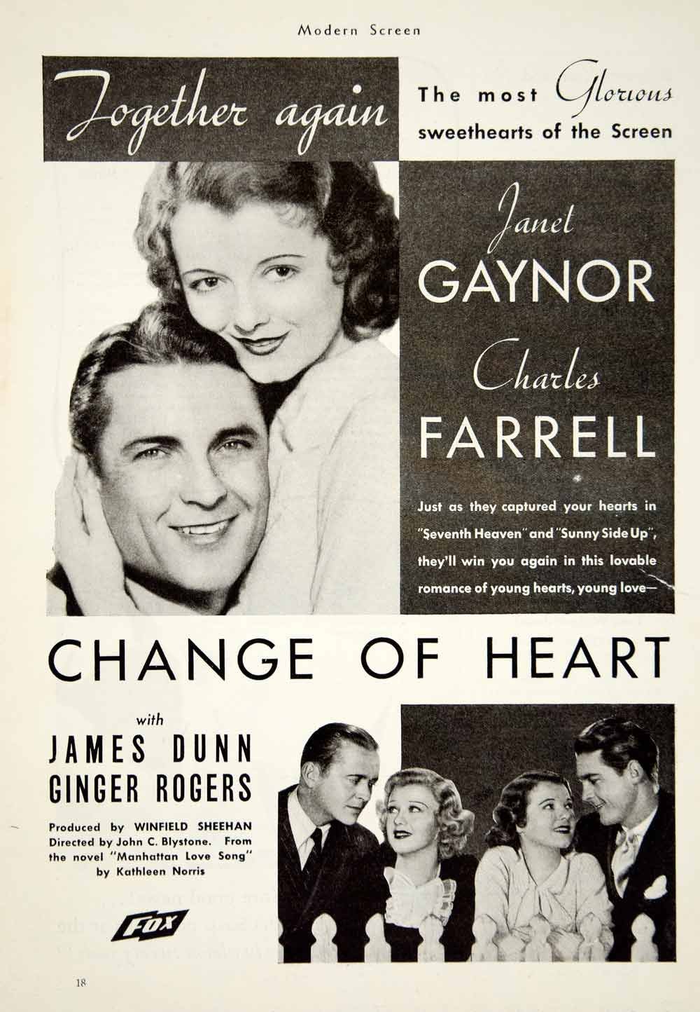 Ginger Rogers, James Dunn, Charles Farrell and Janet Gaynor in Change of Heart (1934)
