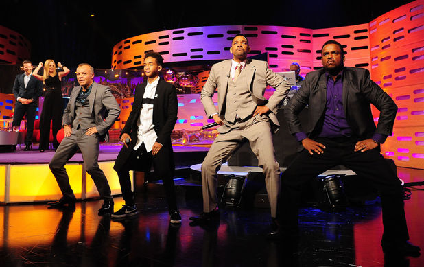 Jaden Smith, Will Smith, and Alfonso Ribeiro performing on the Graham Norton Show in June 2013.
