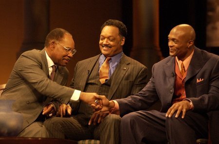 From Seasons of Change: The African American Athlete; (left to right) Bobby Mitchell, Jesse Jackson, Eddie George