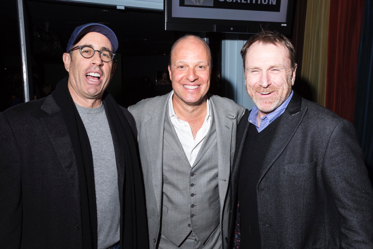 Jerry Seinfeld, Morris S. Levy, and Colin Quinn attend the premiere of 'Cop Show' at Caroline's on Broadway in New York City.