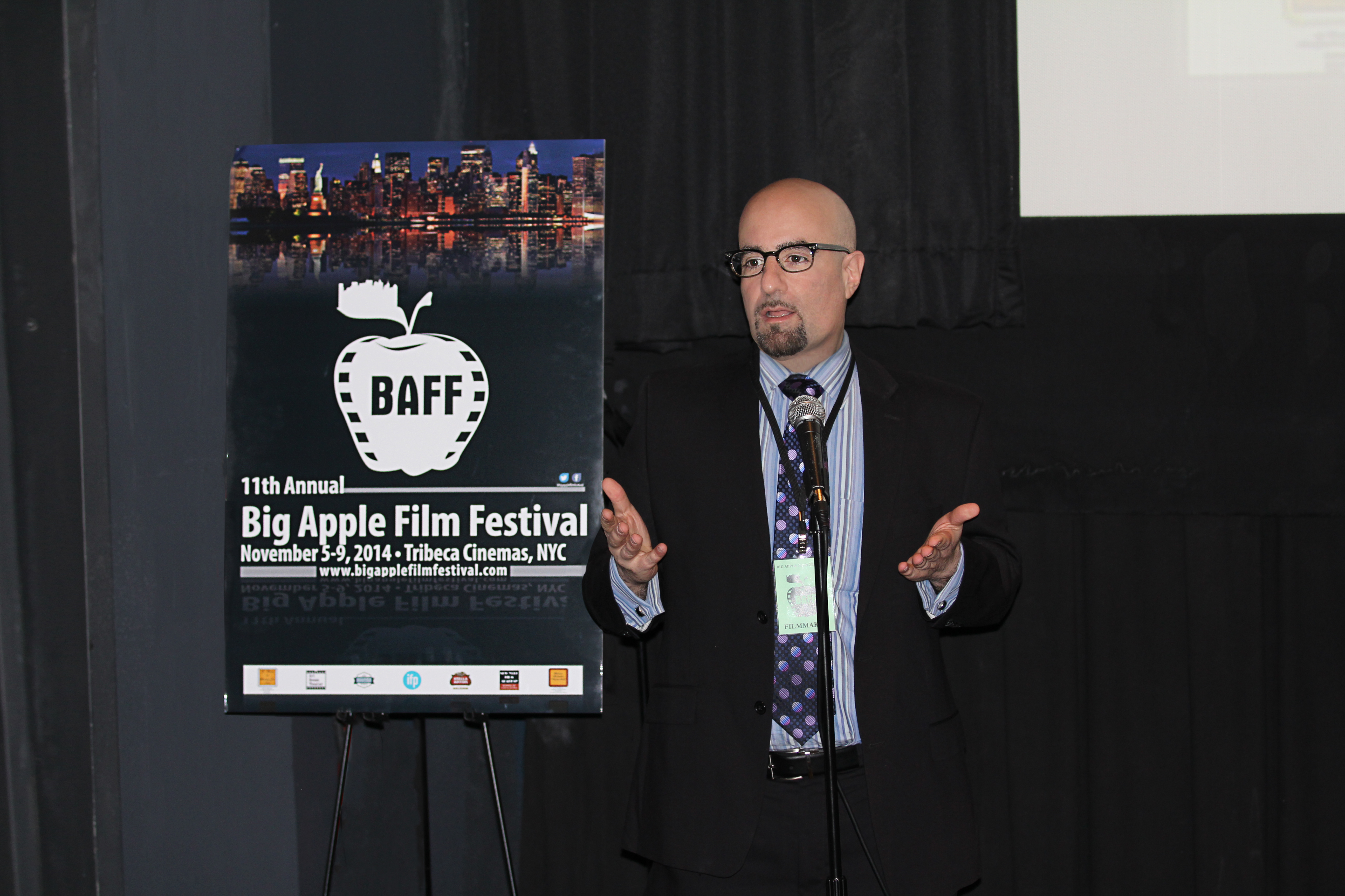 Filmmaker Daniel Azarian speaking at Tribeca Cinemas at the 11th Annual Big Apple Film Festival in New York City