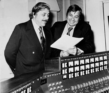 (L-R) Robert B. Sherman, Richard M. Sherman at Abbey Road Recording Studios in London, England (1976) during 