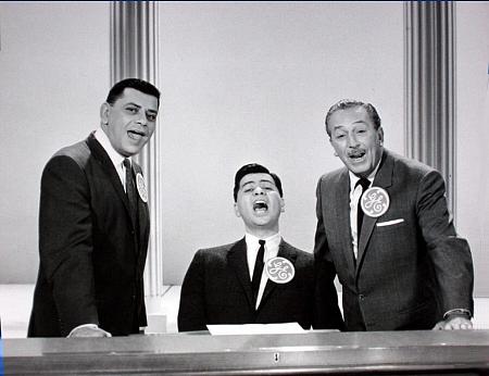 (L-R) Robert B. Sherman, Richard M. Sherman, Walt Disney, studio still from GE promotional film singing 