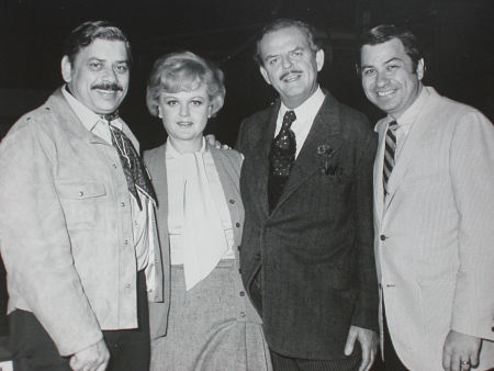 Photo taken during the making of Bedknobs and Broomsticks (1971). (left to right) Robert B. Sherman, Angela Lansbury, David Tomlinson, Richard M. Sherman