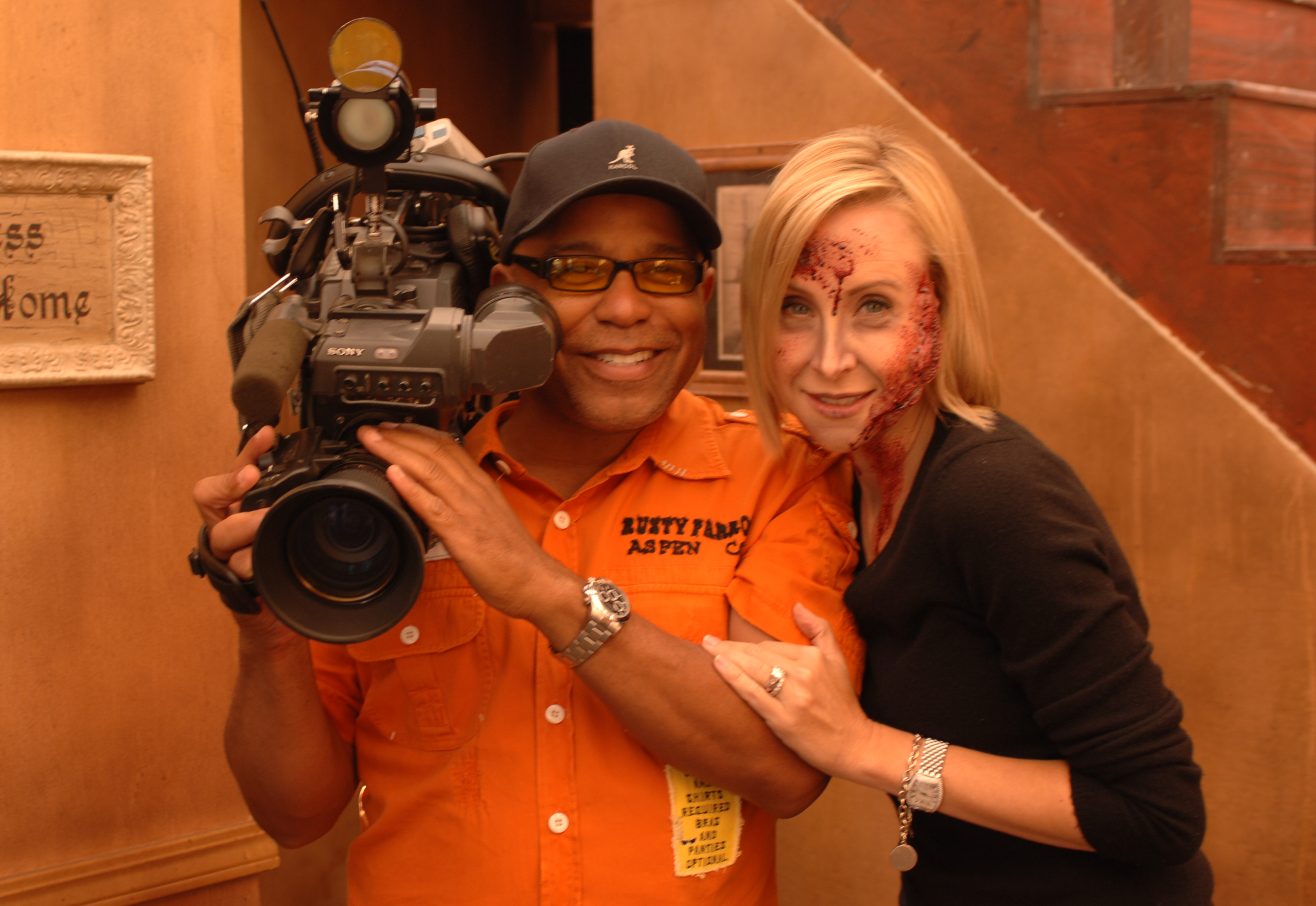 Derek M. Allen, Lisa Breckenridge on the set of Texas Chain Saw Massacre at Universal City for Good Day LA