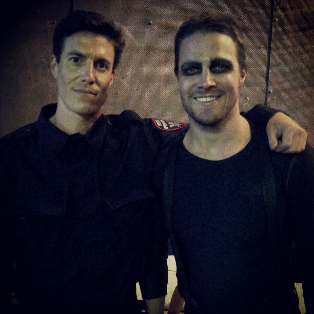 David Alexander Miller with Stephen Amell on set of Arrow