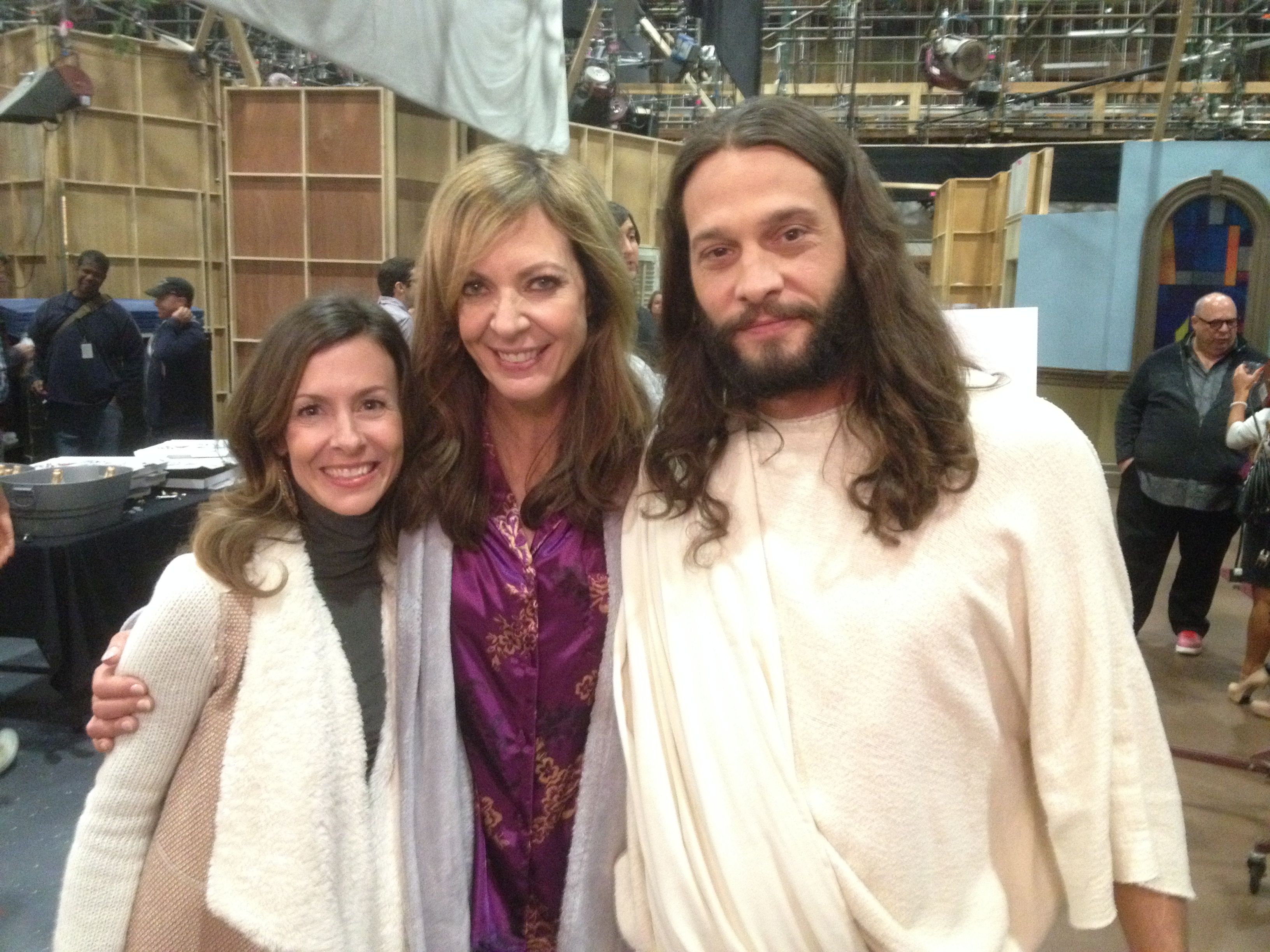 Etienne Eckert, Allison Janney, and John Charles Meyer on the set of the CBS show 