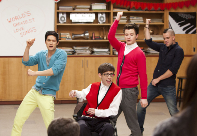 Still of Mark Salling, Mike Harry, Kevin McHale and Chris Colfer in Glee (2009)