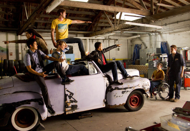 Still of Harry Shum Jr., Cory Monteith, Kevin McHale, Chord Overstreet, Blake Jenner and Jacob Artist in Glee (2009)