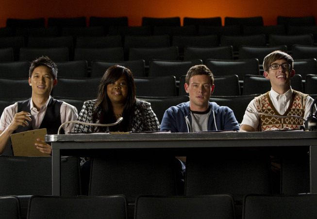 Still of Harry Shum Jr., Cory Monteith, Kevin McHale and Amber Riley in Glee (2009)