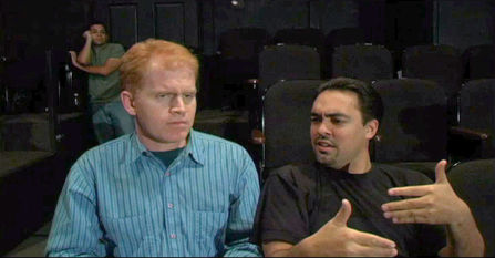 Izzy Diaz (in background playing Ziggy), Patrick Coleman Duncan (playing Paul Lonnegan), and Jason Coleman (playing Director Justin Berman).
