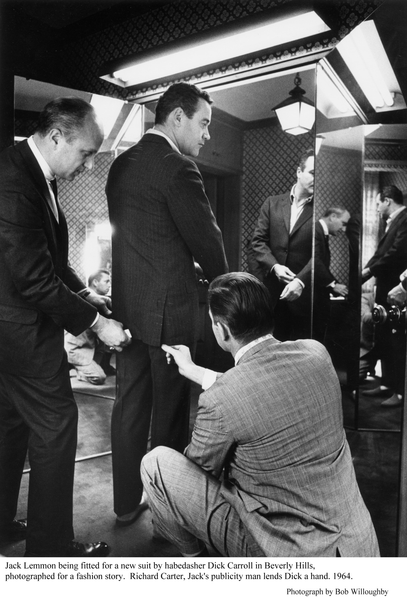 Jack Lemmon being fitted for a new dresser by habedasher Dick Carroll and his publicist Richard Carter, 1964.
