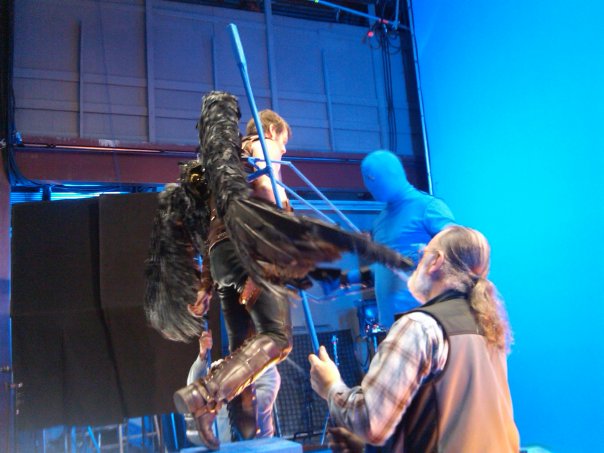 Operating the SFX wings of Hawkman from the TV series Smallville. See me in the BLUEMAN suite.