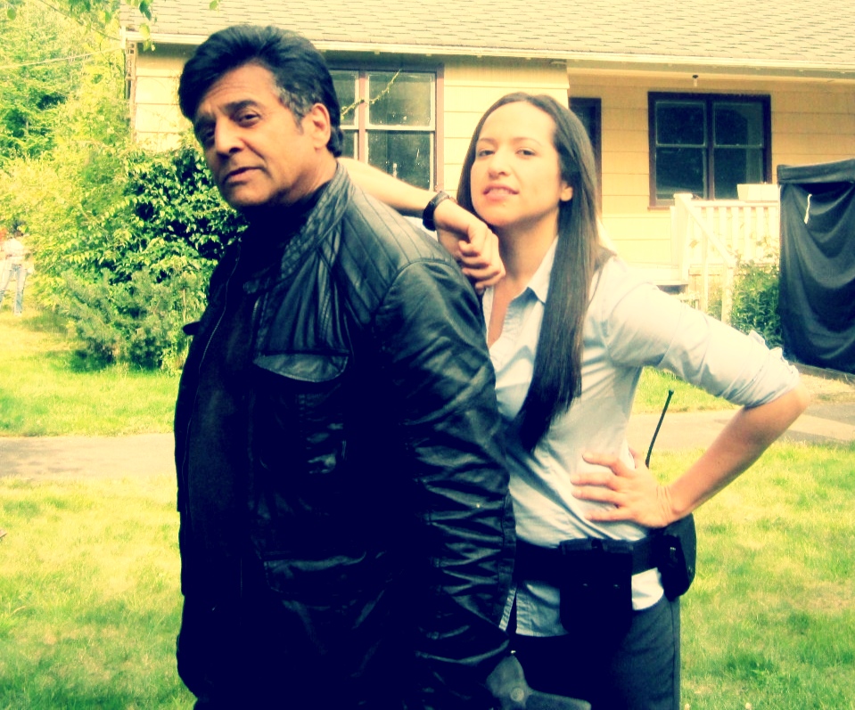 Vanesa Tomasino Rodriguez and Erik Estrada on the set of 'Chupacabra vs the Alamo'