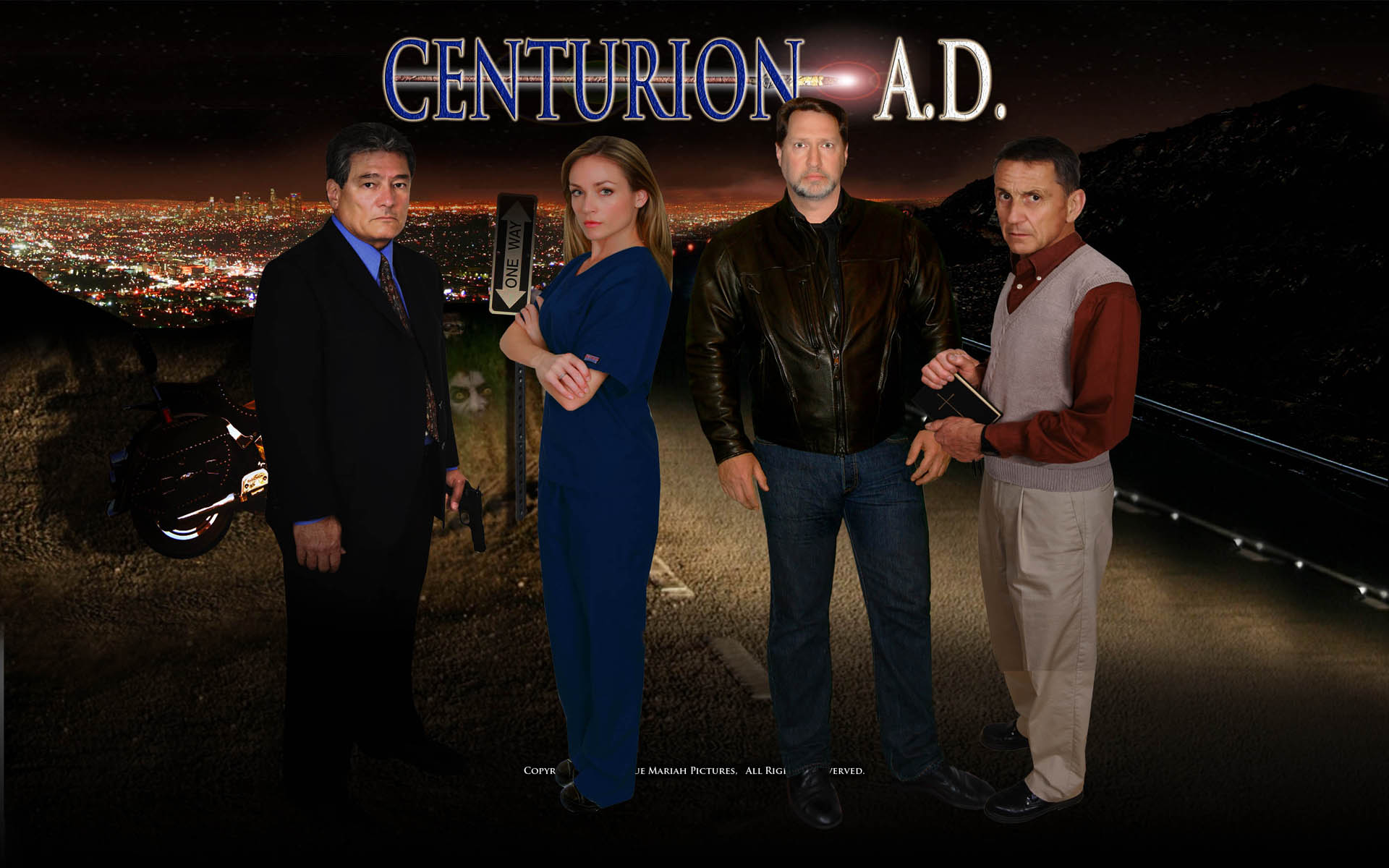 Vincent Inneo, Katherine Randolph, Brian Reed Garvin, and Martin Horsey in a poster set-up for the feature film Centurion AD.