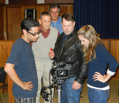 (L to R) Ian Galindo (Cameraman), Martin Horsey (Rev. Basil Mason), Vince Inneo (Agent Rinaldi), Brian Reed Garvin (Archer Stone), and Katherine Randolph (Kim Harris) Review Footage on a very intense scene from 