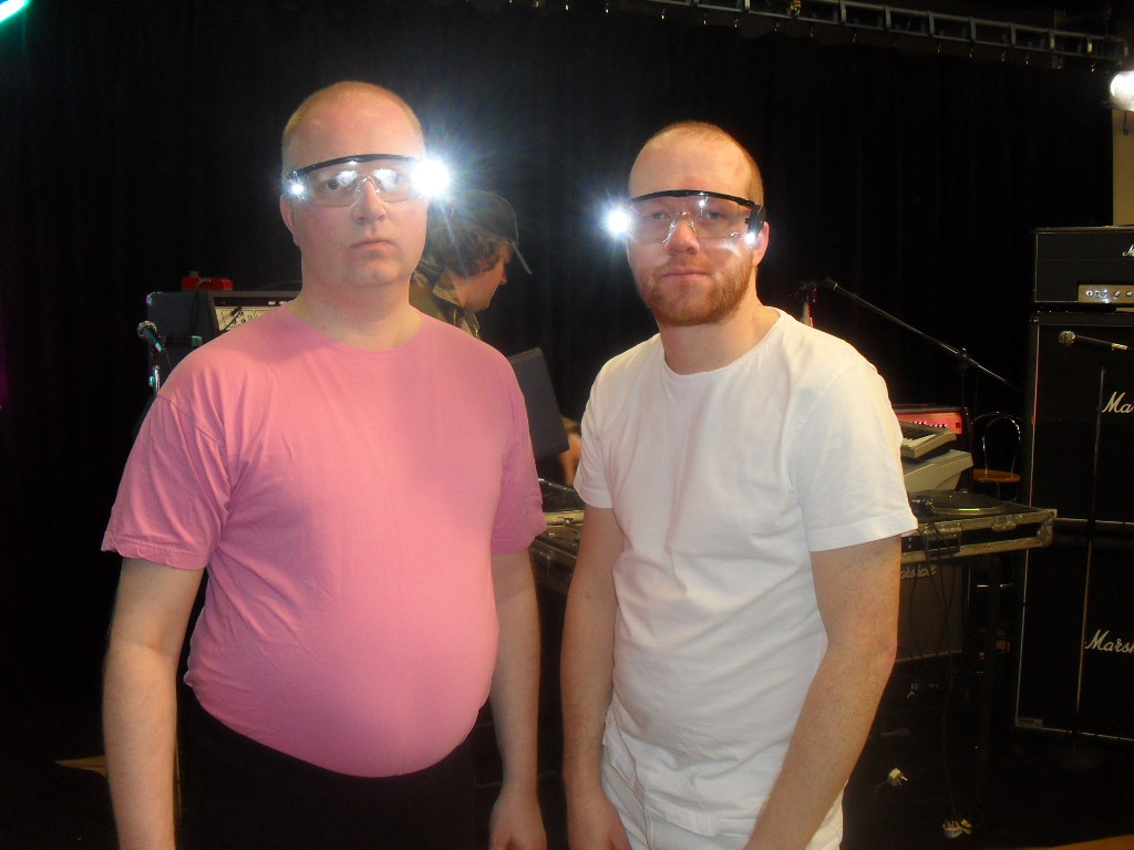 Steve Oram and Waen as spoof electro-pop twins, part of BBC's 'Not Later ...with Jools Holland', Thames Valley University, Ealing Studios.