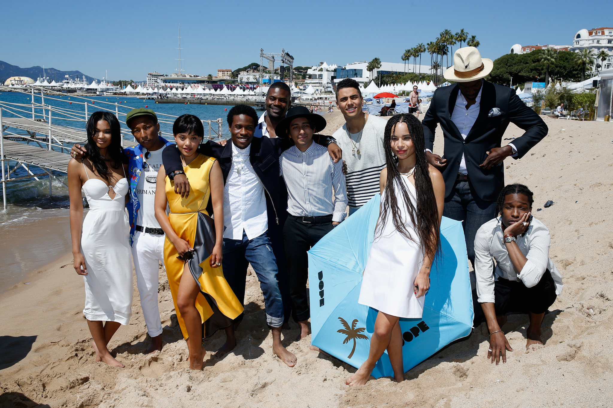 Rick Famuyiwa, Pharrell Williams, Amin Joseph, Tony Revolori, Quincy Brown, Zoë Kravitz, Chanel Iman and Shameik Moore at event of Dope (2015)